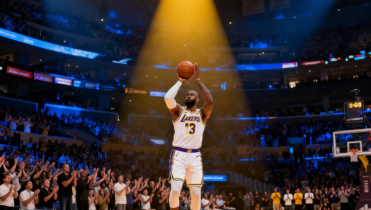 NBA赛场湖人队詹姆斯复出首战精彩瞬间，他在三分线外自信出手，球馆内聚光灯聚焦在这位传奇球员身上，全场观众起立鼓掌